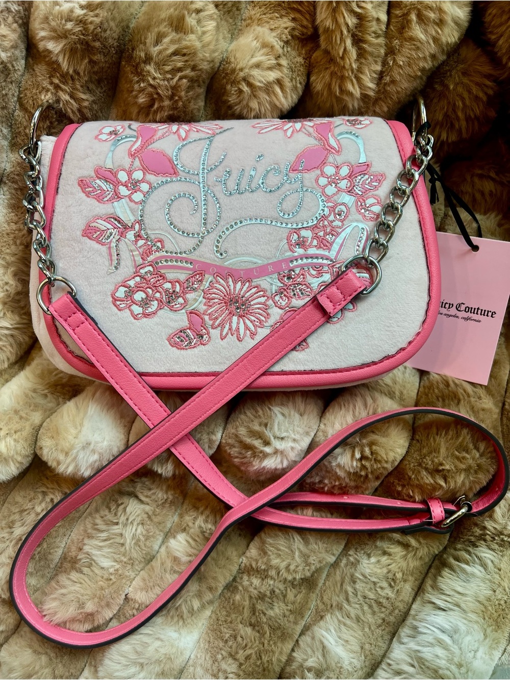 Juicy Couture Y2K Velour Floral Rhinestone Pink Crossbody Bag NWT